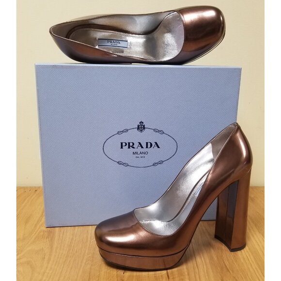PRADA SHOES METALLIC BRONZE PUMPS HIGH HEEL sz IT 39.5 US 9.5 - Picture 2 of 6